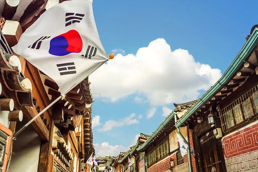 Tradicinė korėjietiško stiliaus architektūra Bukchon Hanok kaime Seule, Pietų Korėjoje