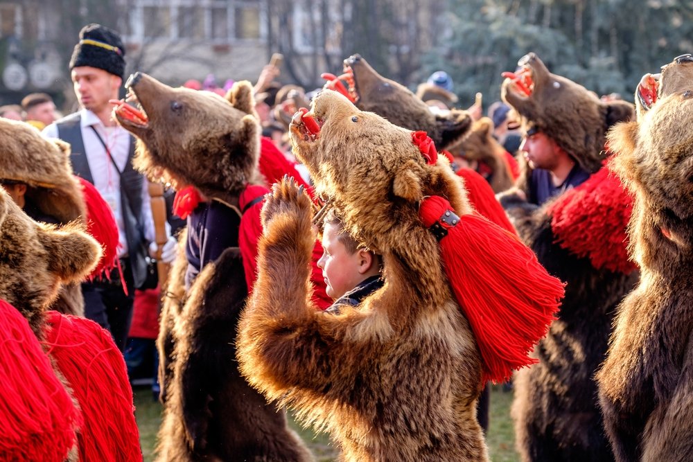 Atlikėjai rengiasi tikra meškos oda (sunkiausia gali sverti iki 50 kg) — Augustin Lazaroiu / Shutterstock